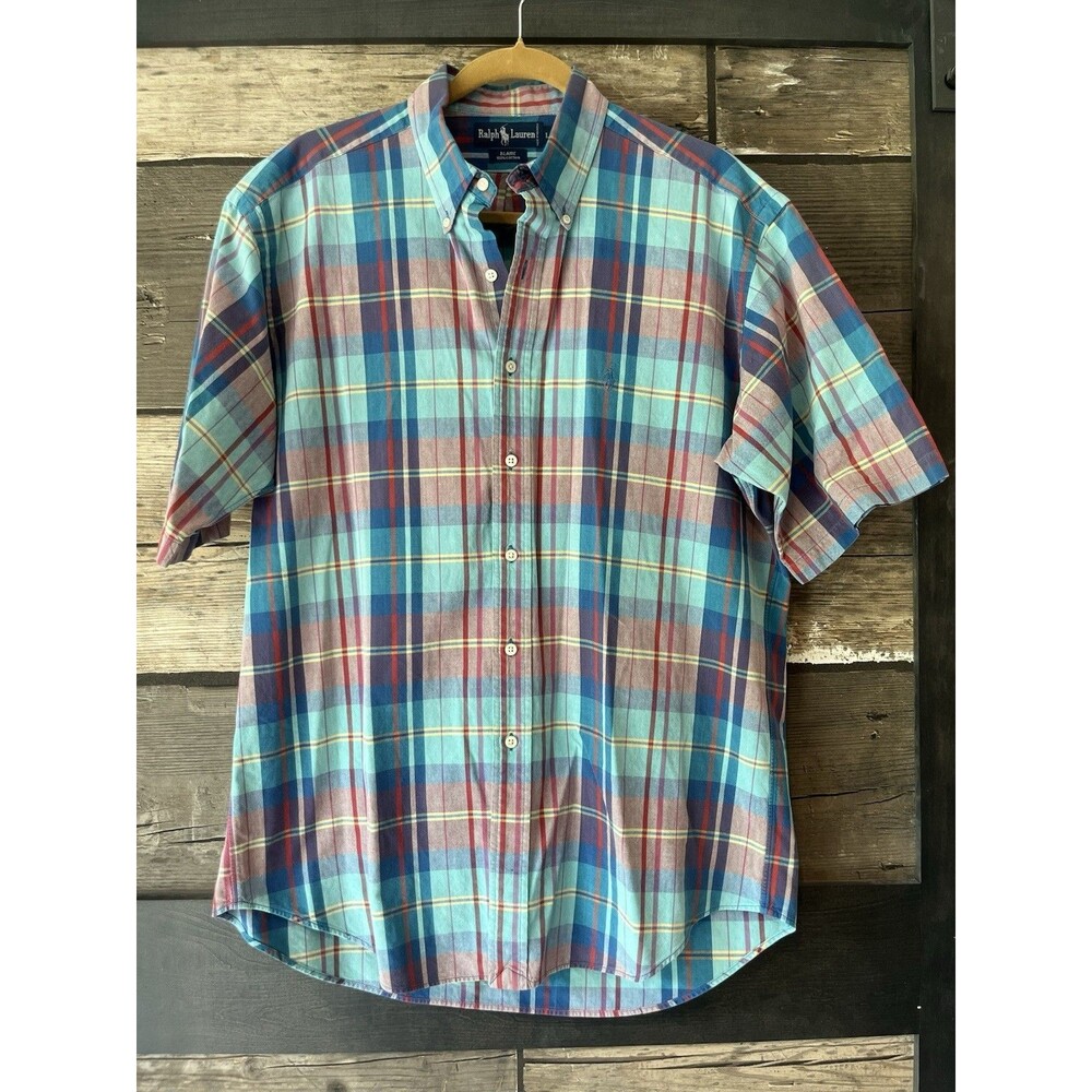 Ralph Lauren Vintage Blaire Short Sleeve Plaid Shirt Size Large 1990s Blue